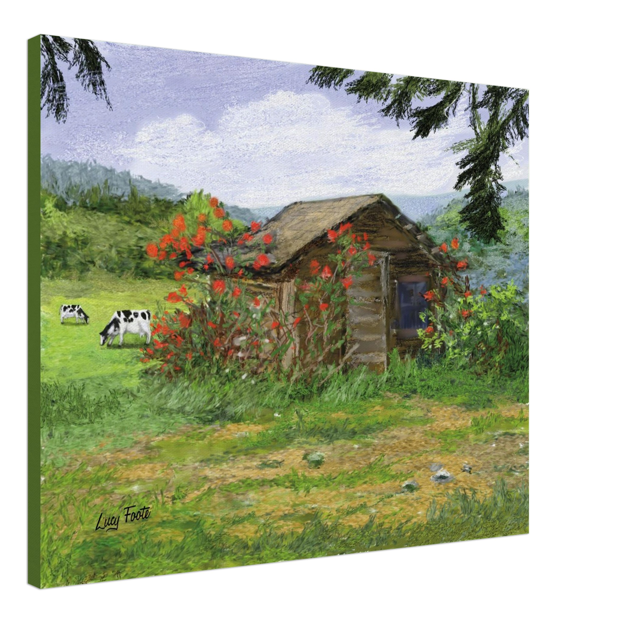 Rose Covered Shed Digital Painting by Lucy Foote printed on stretched canvas