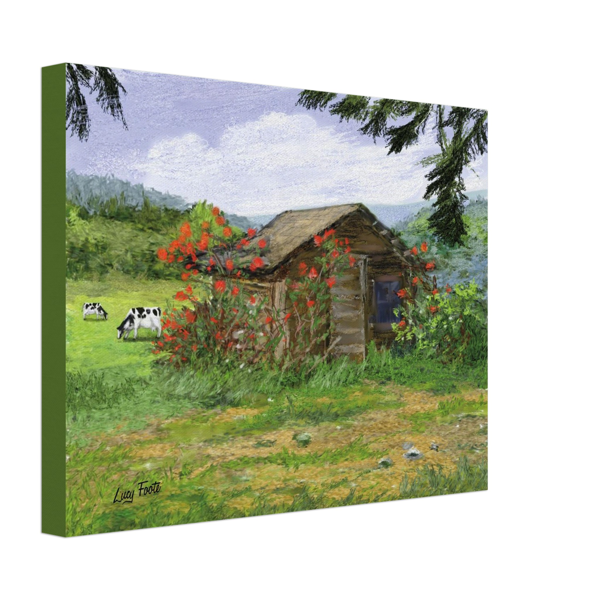 Rose Covered Shed Digital Painting by Lucy Foote printed on stretched canvas