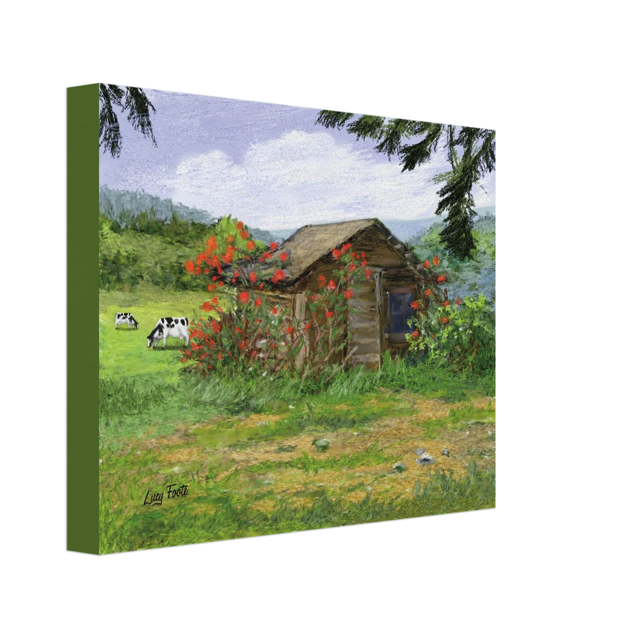 Rose Covered Shed Digital Painting by Lucy Foote printed on stretched canvas