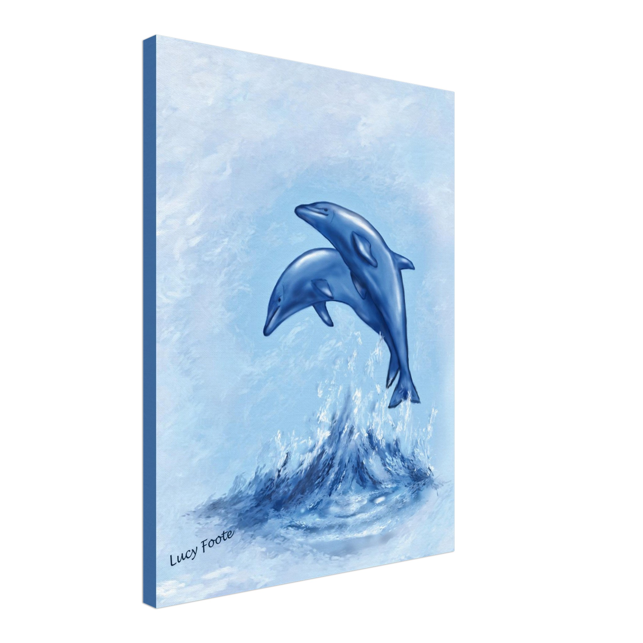 Blue Dolphins Digital Painting by Lucy Foote printed on stretched canvas