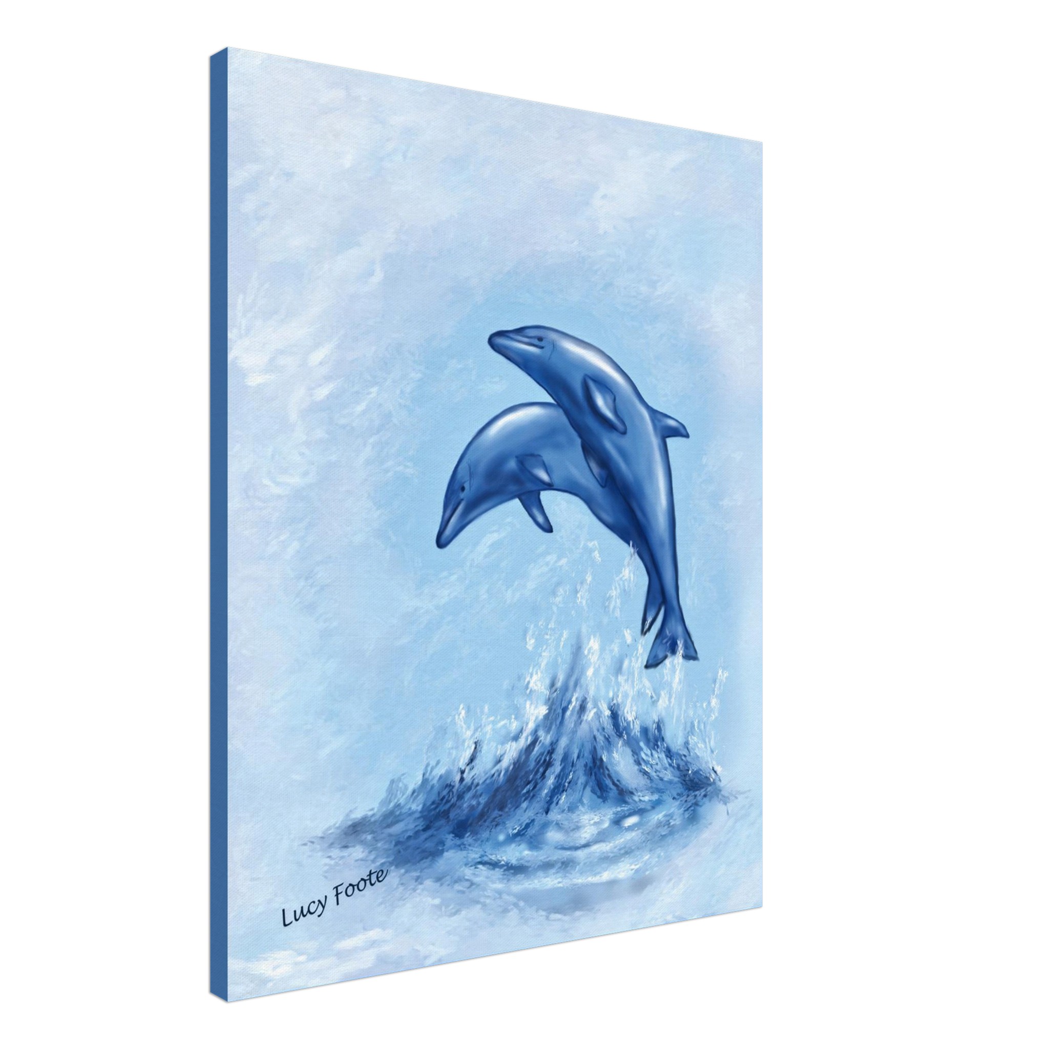 Blue Dolphins Digital Painting by Lucy Foote printed on stretched canvas