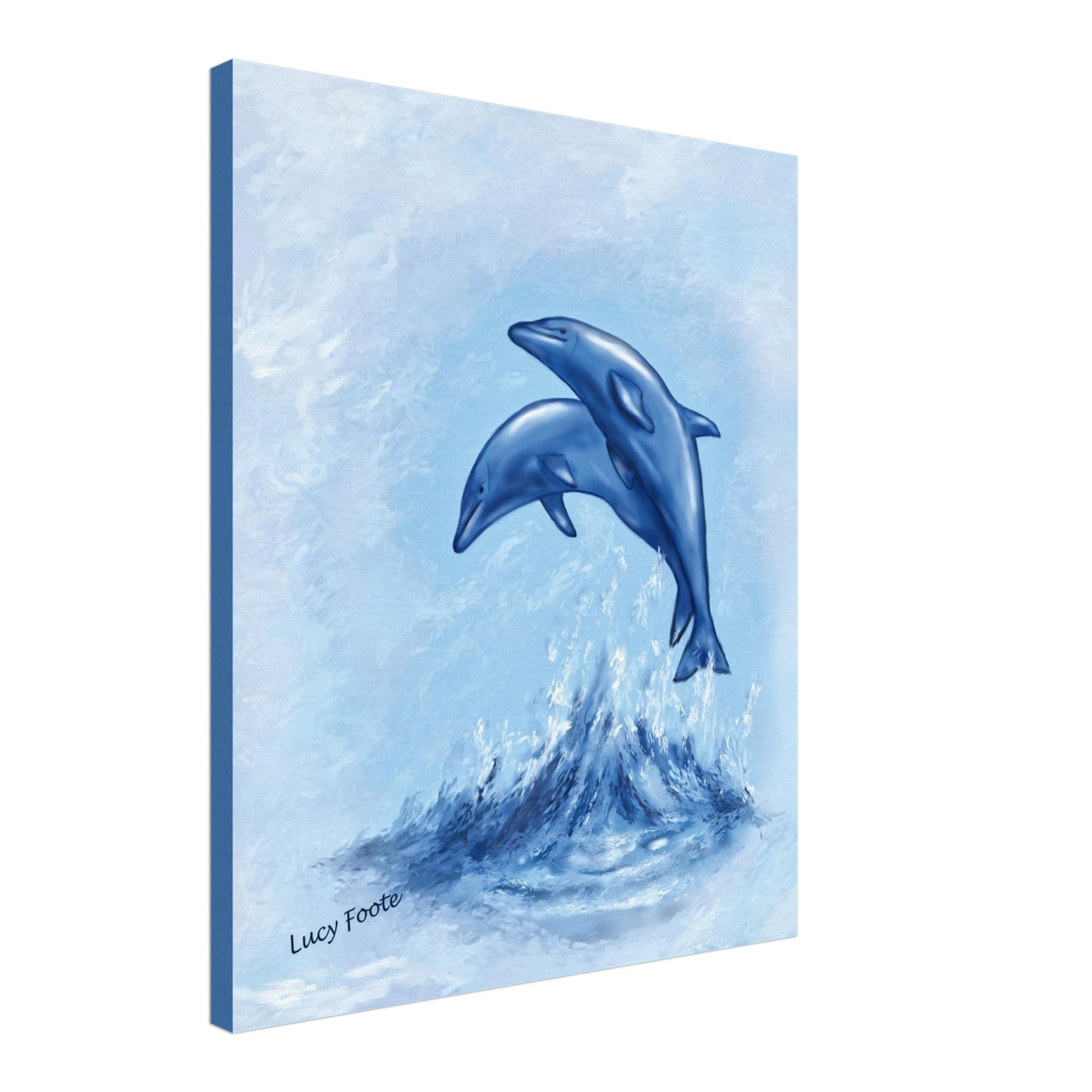 Blue Dolphins Digital Painting by Lucy Foote printed on stretched canvas
