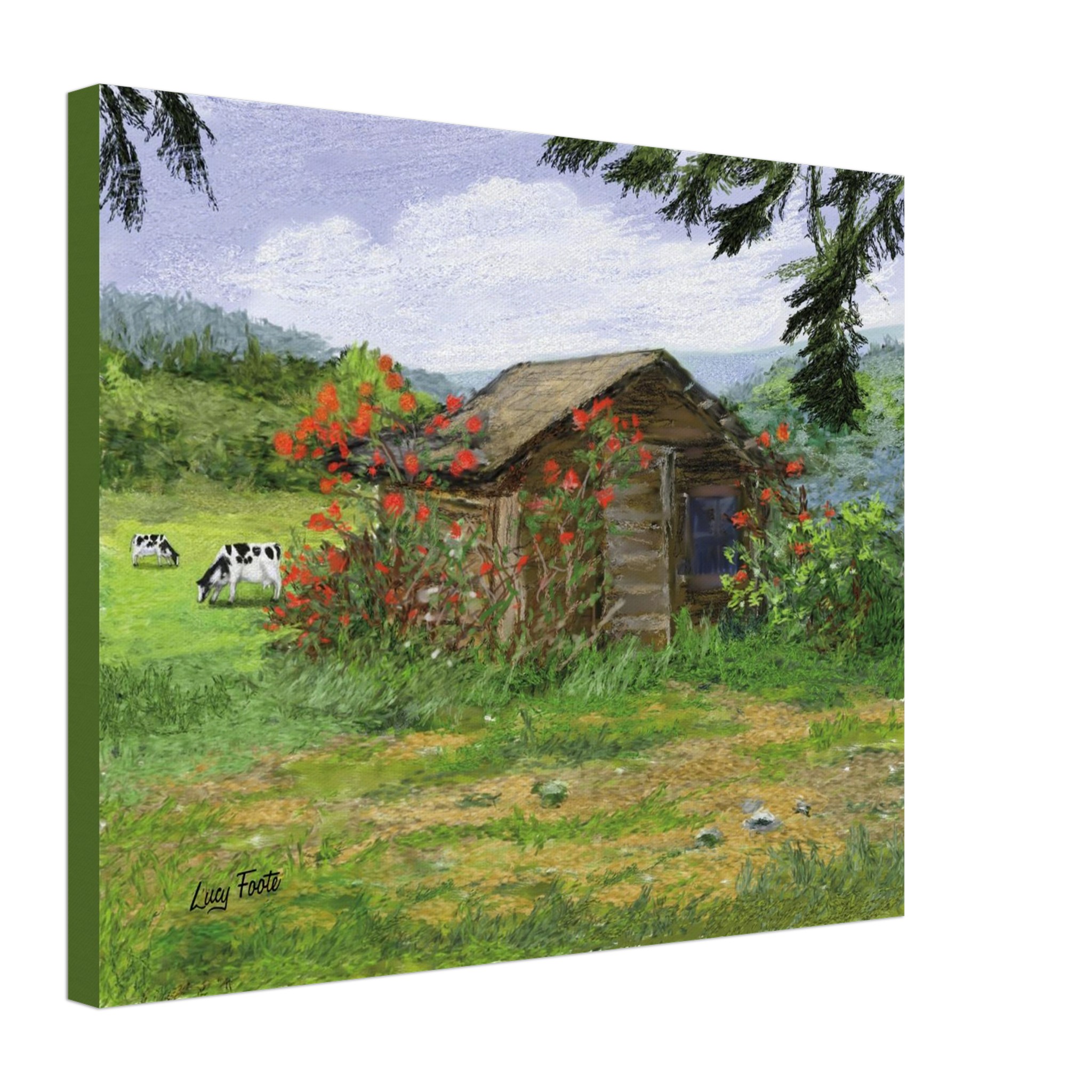 Rose Covered Shed Digital Painting by Lucy Foote printed on stretched canvas