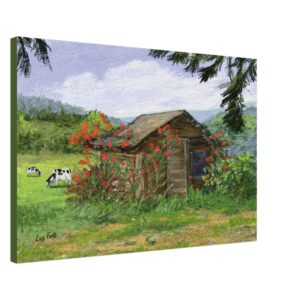 Rose Covered Shed by Lucy Foote printed on stretched canvas
