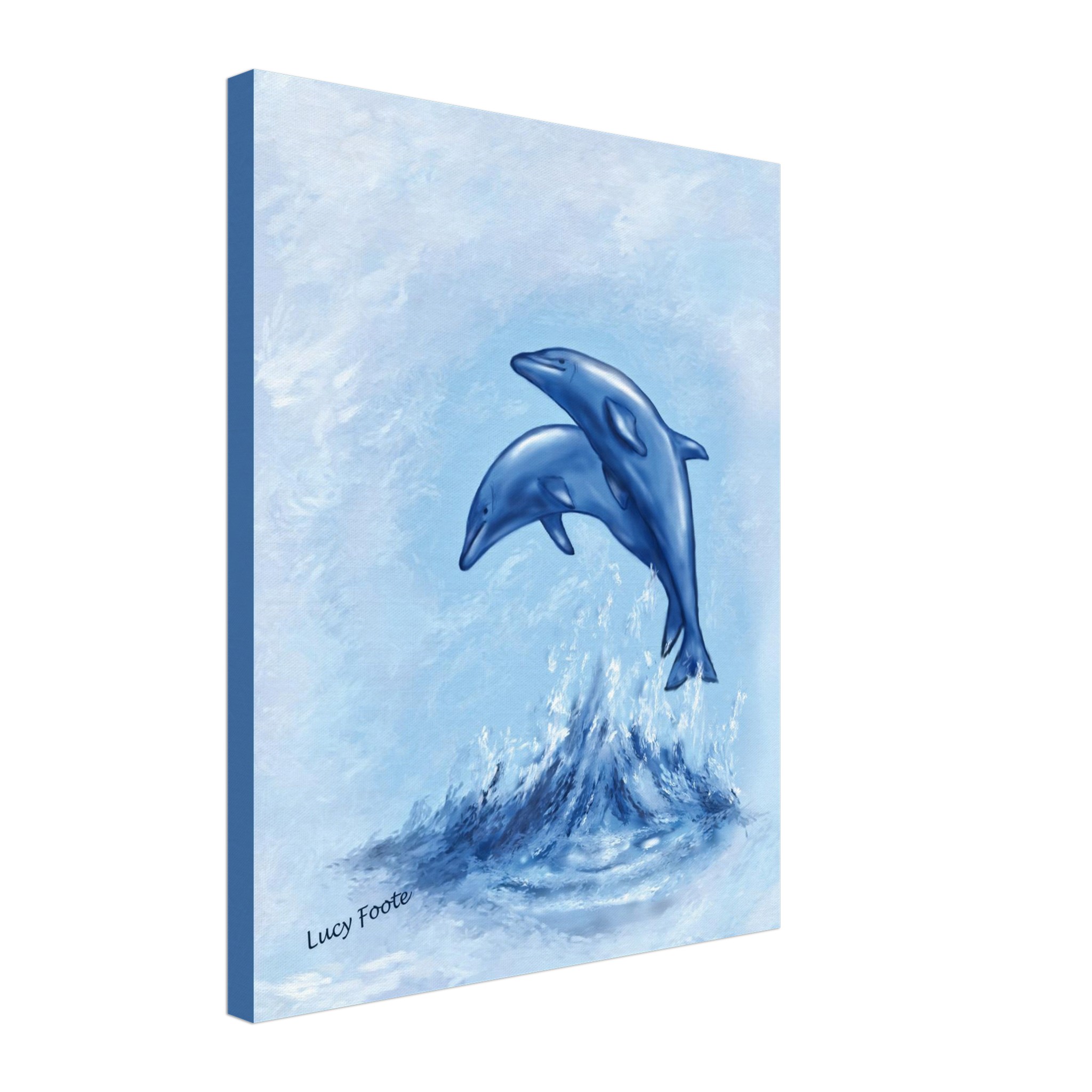 Blue Dolphins Digital Painting by Lucy Foote printed on stretched canvas